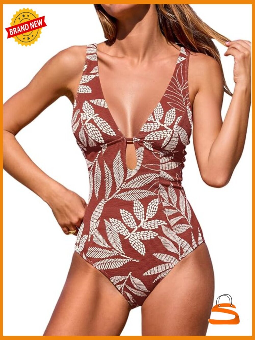 Deep V Neck Keyhole Cutout O Ring Textured One Piece Swimsuit